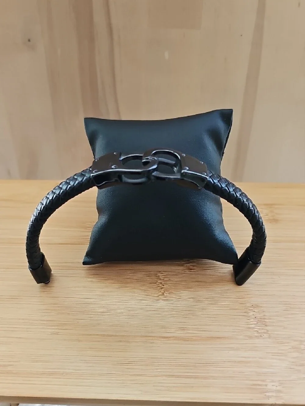 Men's Black Braided Genuine Leather Stainless Steel Bracelet with Magnetic Clasp